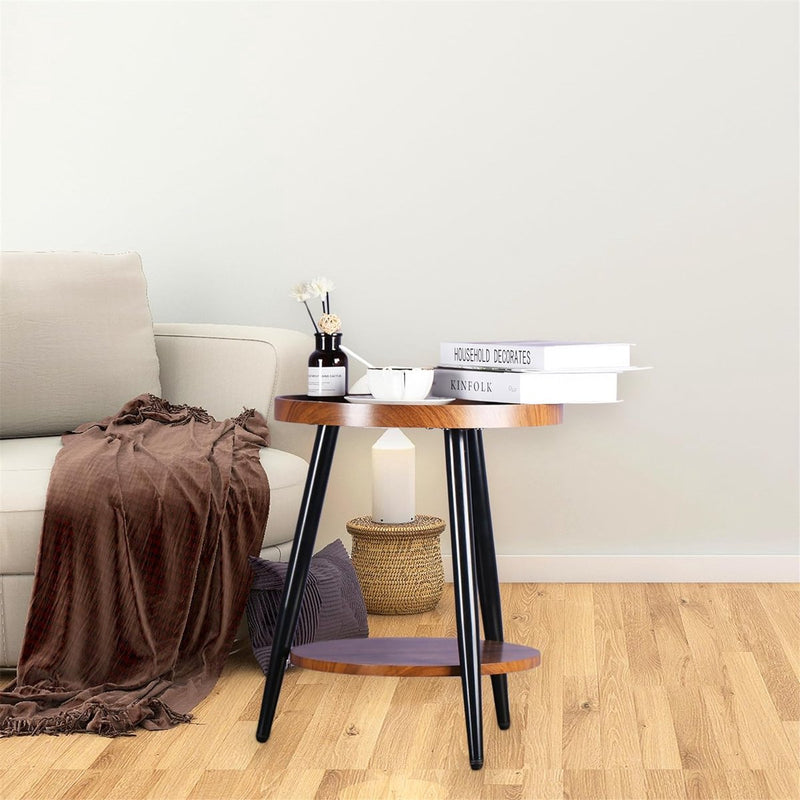 Bijzettafel met 2 planken, ronde salontafel met opbergruimte, 2-laags walnootkleurige MDF-banktafel met ronde planken, nachtkastje, houten tafel met stalen frame, 40 x 48cm (walnoot)