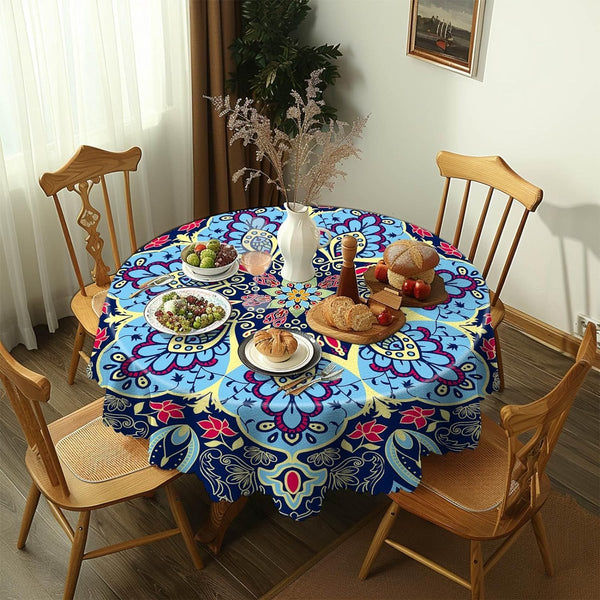 Tafelkleed rond, 150 cm, Boheems tafelkleed, herbruikbaar tafelkleed van polyester, vlekbescherming, afwasbaar, tafellinnen, waterdicht, rond tafelkleed voor feestjes, bruiloften, picknicks, tuinen