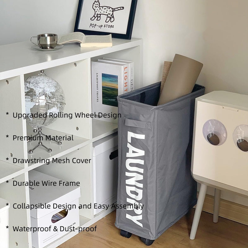 Smalle wasmand, opvouwbaar, met wieltjes, wasverzamelaar, klein op Oxford-stof, wasmanden met handvat, wasbox, vuilwasbak, laundry organizer, grijs, 20 x 39 x 59 cm
