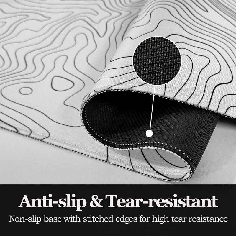 Muismat voor gaming, XXL, wit, minimalistische topografische kaarten, bureauonderlegger, muismat met rubberen antislip, verbeterde precisie en snelheid, muismat voor kantoor, thuis, 800 x 350 mm