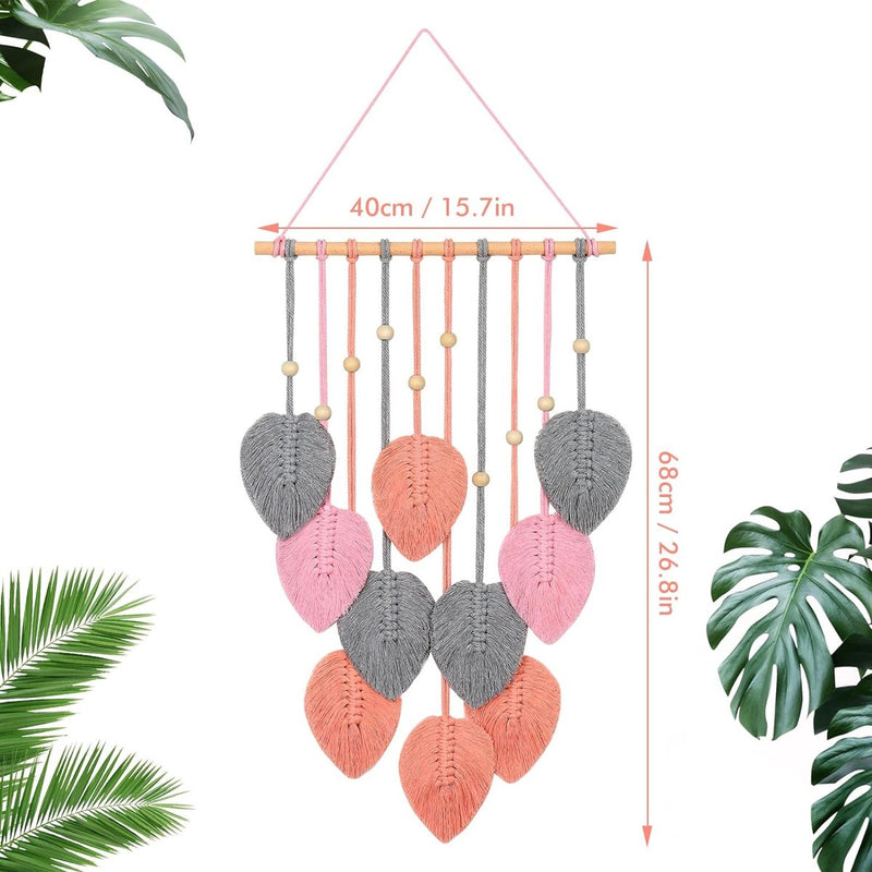 Macramé wandtapijt, boho-decoratie, macramé, wandtapijt met houten kralen en roze bladeren, wandtapijt voor slaapkamer, kinderkamer, wanddecoratie (roze)