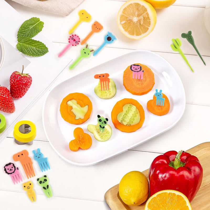 Koekjesvormers kinderset, 45-delige sandwichsnijders brood en groenten, roestvrijstalen broodsnijders met prikkers fruitvorkjes, comforthandgreep afneembaar, dinosaurus eenhoorn dino stervormen