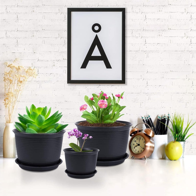 3 stuks kunststof bloempotten, plantenbakken met afwateringsgat 3 maten 15 cm, 18 cm, 21 cm, dikke groeiende plantenpotten, bloempotten plantenpot voor bloemen en planten (zwart)