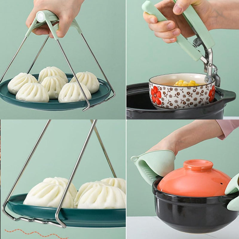 Set van 3 komclips, komgrijper, hete schotelplaat, komclip, roestvrijstalen komclip met antislip siliconenhandvat voor het optillen, hete kommen, kompot (Nordic Green)