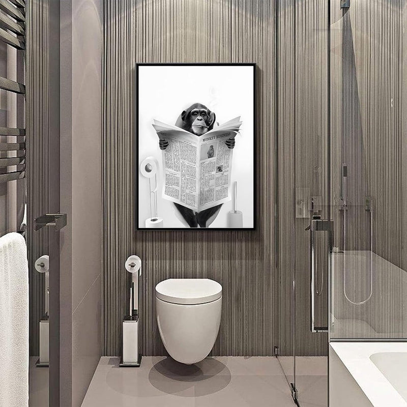 Mooie krant dier muur kunst zwart en wit canvas bedrukte cabine badkamer decoratie bad muur afbeelding, frameloos (aap, 1 stuk - 30 x 40 cm)