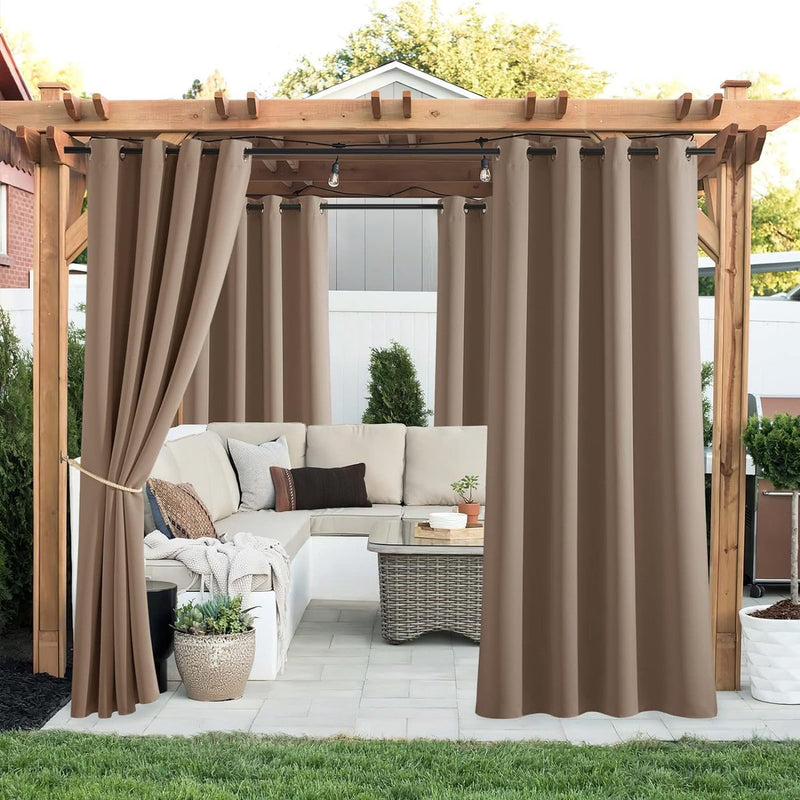 Set van 2 outdoorgordijnen, zonwering & inkijkbescherming, balkongordijn, outdoorgordijn, waterdicht, gordijn met inslagringen, paviljoen en terras, H 243 x B 132 cm, cappuccino