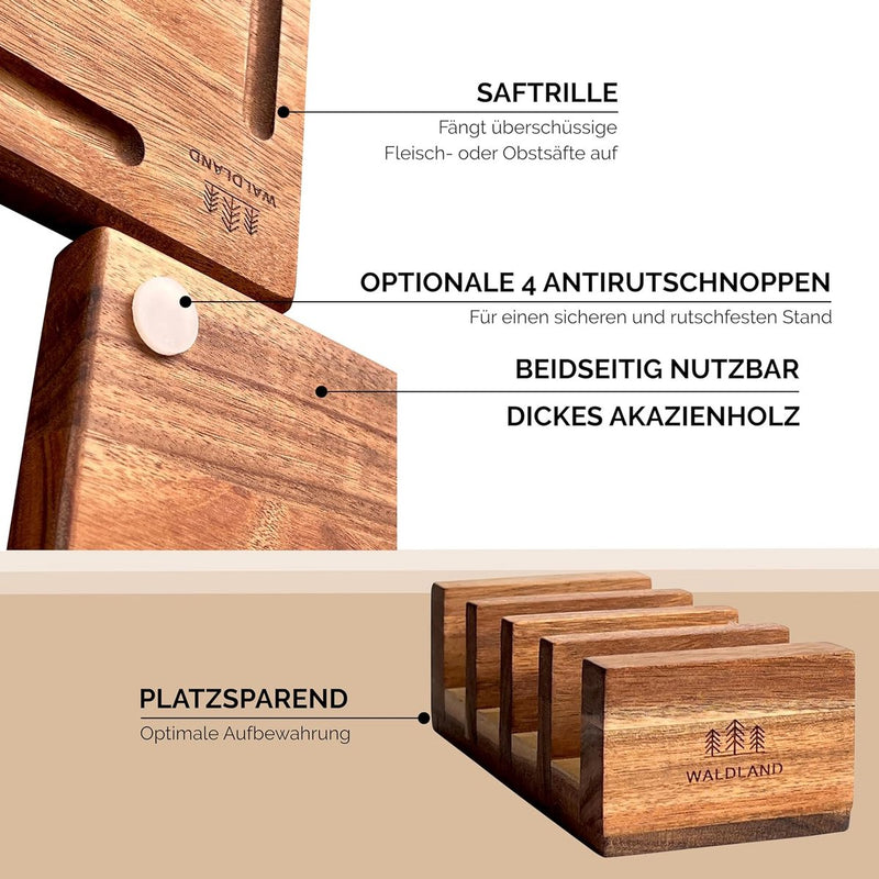 Premium houten snijplankenset van 4 (40x30, 33x24, 27x18, 21x15 cm) I van robuust acaciahout I inclusief plankenstandaard I houten keukenplank I dikke snijplanken met sapgleuf I snijplankenset
