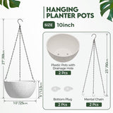 Bloempot, hangend, plastic, set van 2, diameter 25 cm, hangpot voor planten, wit, bloemenhanger met haak, rond, groot, voor binnen en buiten, decoratie, hangpot voor planten voor thuis, kantoor