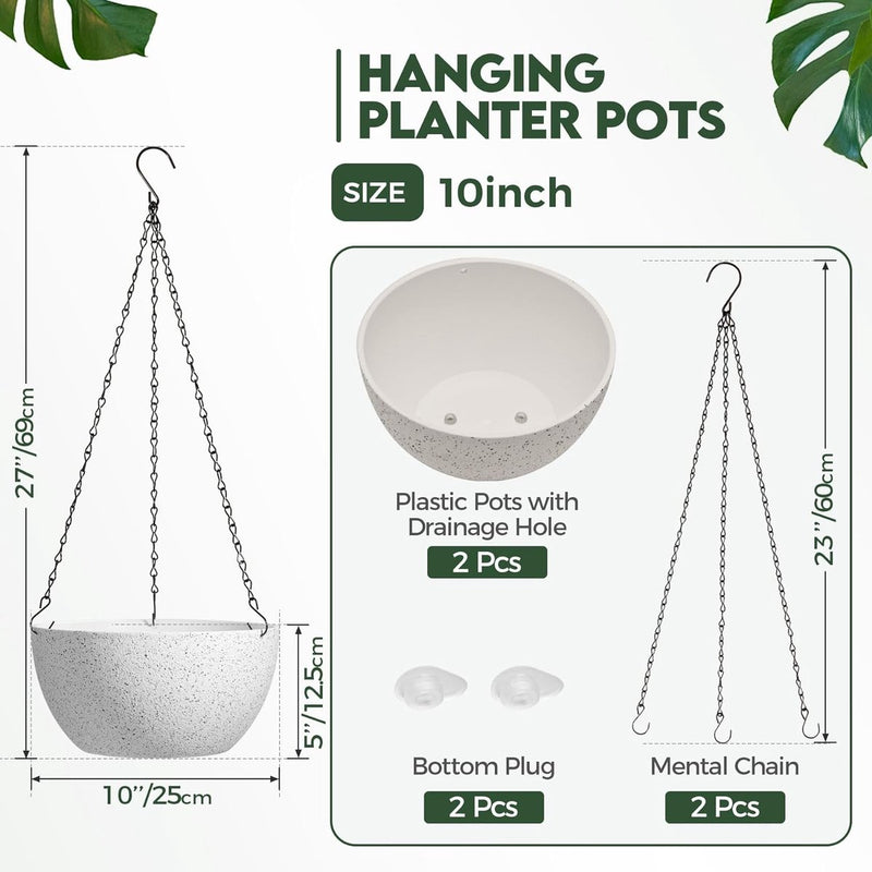 Bloempot, hangend, plastic, set van 2, diameter 25 cm, hangpot voor planten, wit, bloemenhanger met haak, rond, groot, voor binnen en buiten, decoratie, hangpot voor planten voor thuis, kantoor