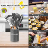 Keukenhulpset, 34 stuks siliconen kookgerei, spatelset met houder en houten handgrepen, antiaanbaklaag, beste keukenhulp, rasp voor kookgerei (grijs)