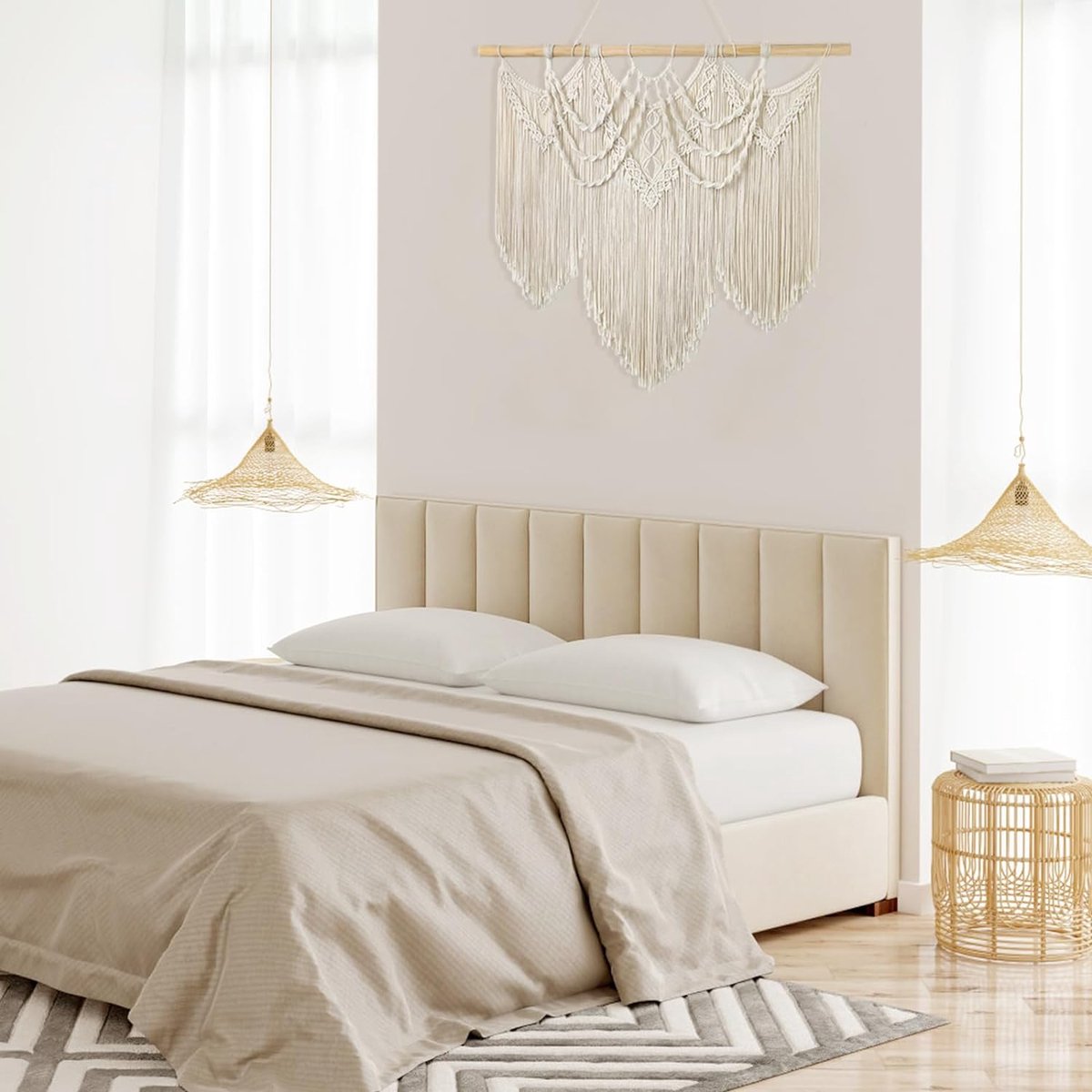 Grote macramé muur opknoping, boho geweven wandtapijt, crème beige boheemse kwastkunst, katoenen touw handgeweven wanddecoratie voor thuis woonkamer, met houten deuvel, wit, 120 x 100 cm Grote macramé muur opknoping, boho geweven wandtapijt, crème beige boheemse kwastkunst, katoenen touw handgeweven wanddecoratie voor thuis woonkamer, met houten deuvel, wit, 120 x 100 cm
