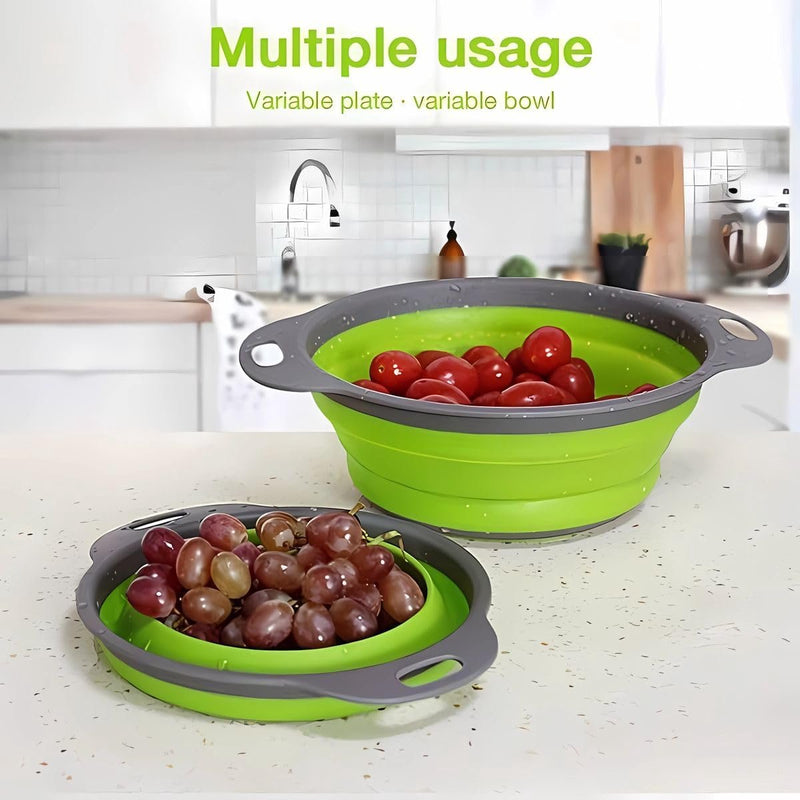 Opvouwbare zeef, keukenzeef, siliconen, inklapbare vergiet noedelzeef, keukenzeef, afwasbak van pasta, fruit, groenten, 2 maten (24,5 + 29,2 cm) (groen)