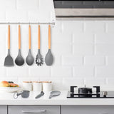 Keukenhulpset, 34 stuks siliconen kookgerei, spatelset met houder en houten handgrepen, antiaanbaklaag, beste keukenhulp, rasp voor kookgerei (grijs)