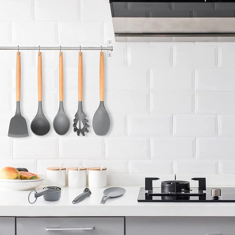 Keukenhulpset, 34 stuks siliconen kookgerei, spatelset met houder en houten handgrepen, antiaanbaklaag, beste keukenhulp, rasp voor kookgerei (grijs)