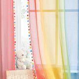 Kinderkamergordijnen transparant ringgordijnen set van 2 H 220 x B 132 cm linnenlook gordijnen met kleurverloop en kleurrijke pompons regenbooggordijn linnenlook transparant