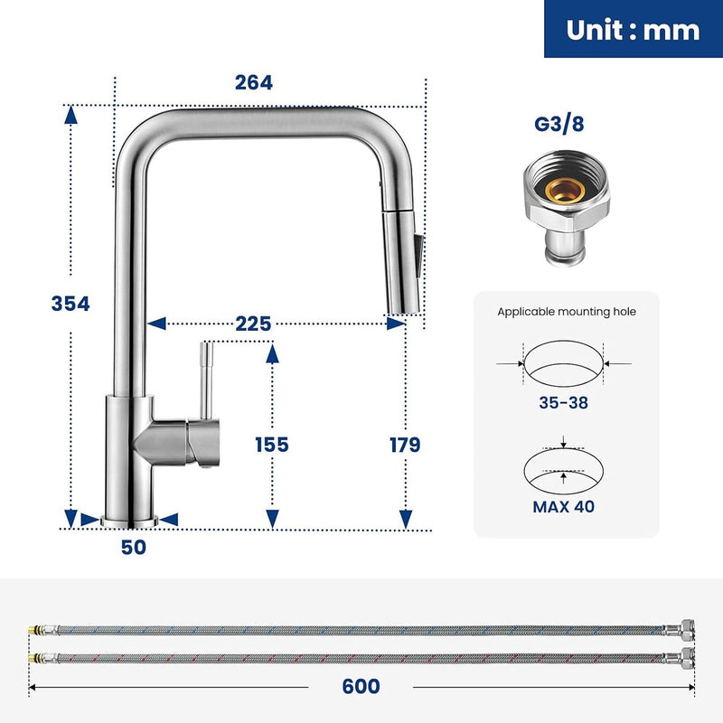 Keukenkraan, keukenkraan met uittrekbare douchemengkraan Keuken met 2 straalsoorten, keukenkraan, 360° draaibaar, keukenkraan, keukenkraan, roestvrij staal