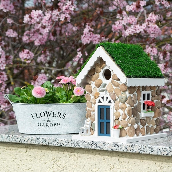 Nestkast in steenhuis-look, decoratief vogelhuis om op te hangen, met echte stenen, mezenbak met 30 mm invliegat, nesthulp, vogelhuisje voor tuin, balkon, terras