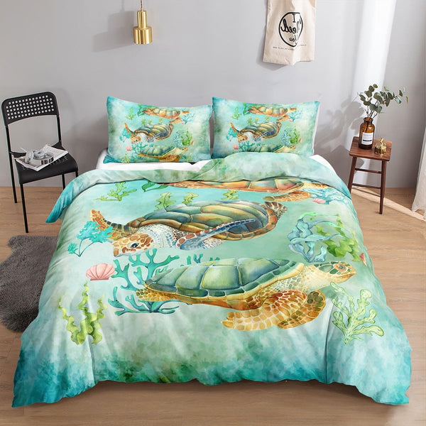Beddengoedset met schildpad voor volwassenen, jongens en meisjes, aquarel-groene schildpadprint, dekbedovertrek met 2 kussenslopen (groene schildpad S)