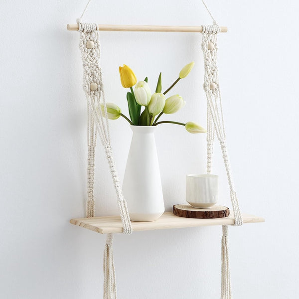 Wandplank Houten Boheemse Wandplank Handgemaakte Macrame Wanddecoratie met LED-verlichting Geschikt voor Woonkamer Wanddecoratie Kamerdecoratie