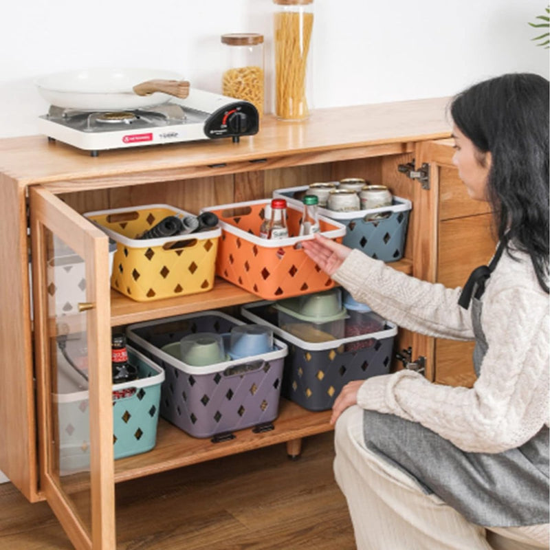 Set van 5 plastic opbergmanden, kleine plankmand voor organiseren, 27 cm x 18 cm x 15 cm organizermand met handvatten voor slaapkamer, kantoor, klaslokaal, school