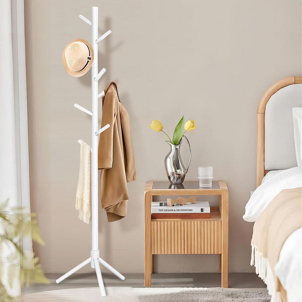 Kapstok massief hout van rubberhout, kapstok voor kleding, hoeden, tassen, ingang, woonkamer, slaapkamer, 8 haken, 3 verstelbare hoogtes, wit, 42 x 180 cm
