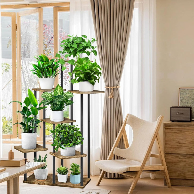 7-laags houten bloemenrek, plantenrek, meerdere verdiepingen, bloemenstandaard, bloemenbank, bloementrap, plantentrap, staand rek voor binnen, tuin, balkon, decoratie (zwart)