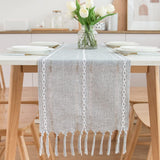 Tafelloper landhuisstijl grijs boho tafel loper met kwastjes rustieke table runner, 32x228 cm, lichtgrijs