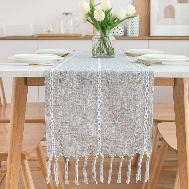 Tafelloper landhuisstijl grijs boho tafel loper met kwastjes rustieke table runner, 32x228 cm, lichtgrijs