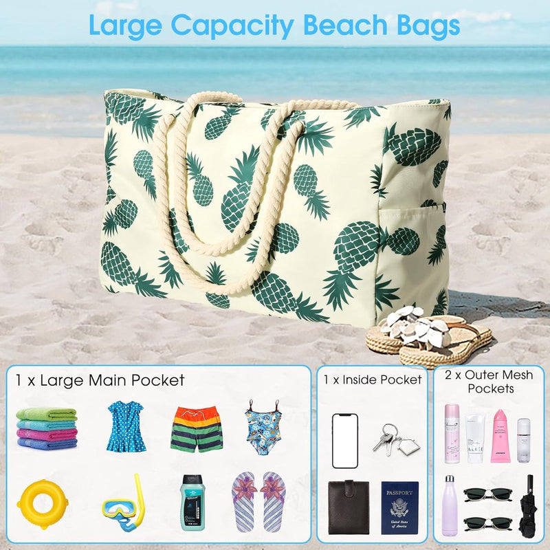 Strandtas Gestreepte draagtas Zwemtas Waterdichte strandtas Groot met ritssluiting Shopper Damesstrandtas XXL Familieboodschappentas Schoudertas Effen tas Reistas, Ananas, Strandtas