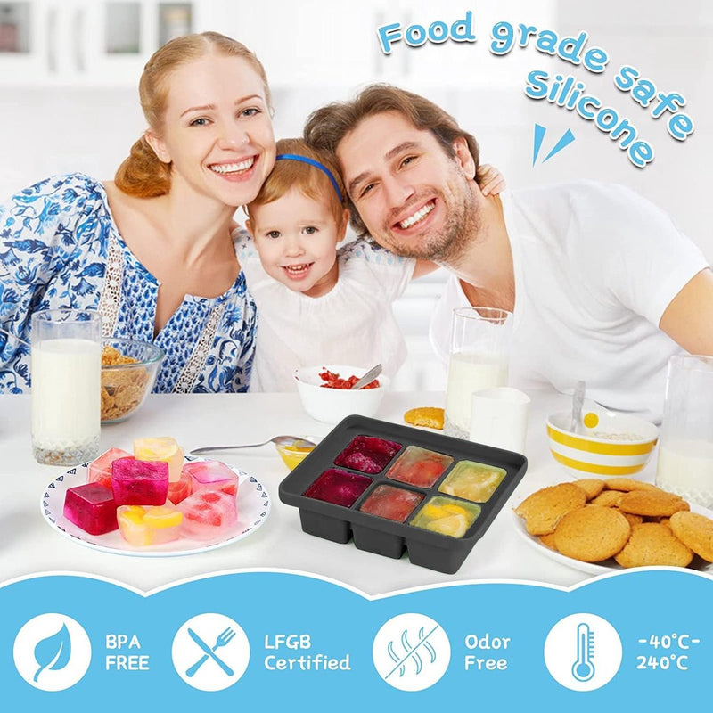 3 stuks ijsblokjesvormen, siliconen ijsblokjeshouder, XL met deksel, stapelbaar en vaatwasmachinebestendig, voor bier-, wijn- en babysnacks, zwart, set van 3 (18 ijsblokjes))