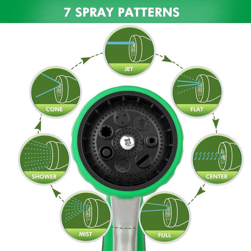 Tuindouche, metaal, hogedruk tuinhanddouche, 7 functies, sproeikop en instelbare waterstroom, tuinspuitpistolen, irrigatiepistool voor tuin, irrigatie, autowassen, groen