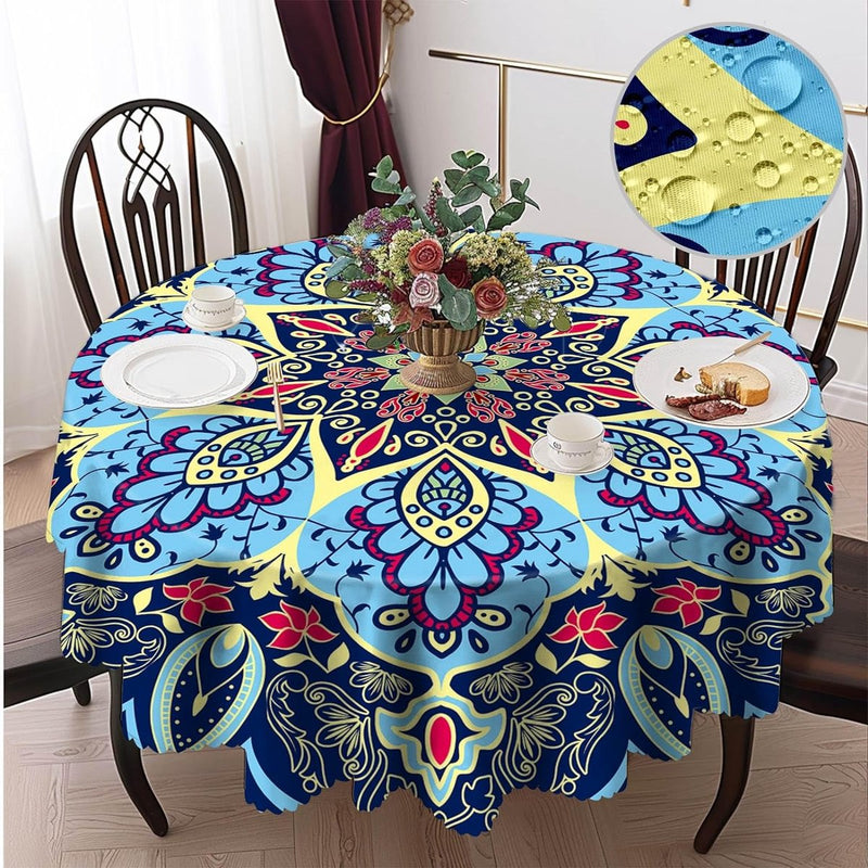 Tafelkleed rond, 150 cm, Boheems tafelkleed, herbruikbaar tafelkleed van polyester, vlekbescherming, afwasbaar, tafellinnen, waterdicht, rond tafelkleed voor feestjes, bruiloften, picknicks, tuinen