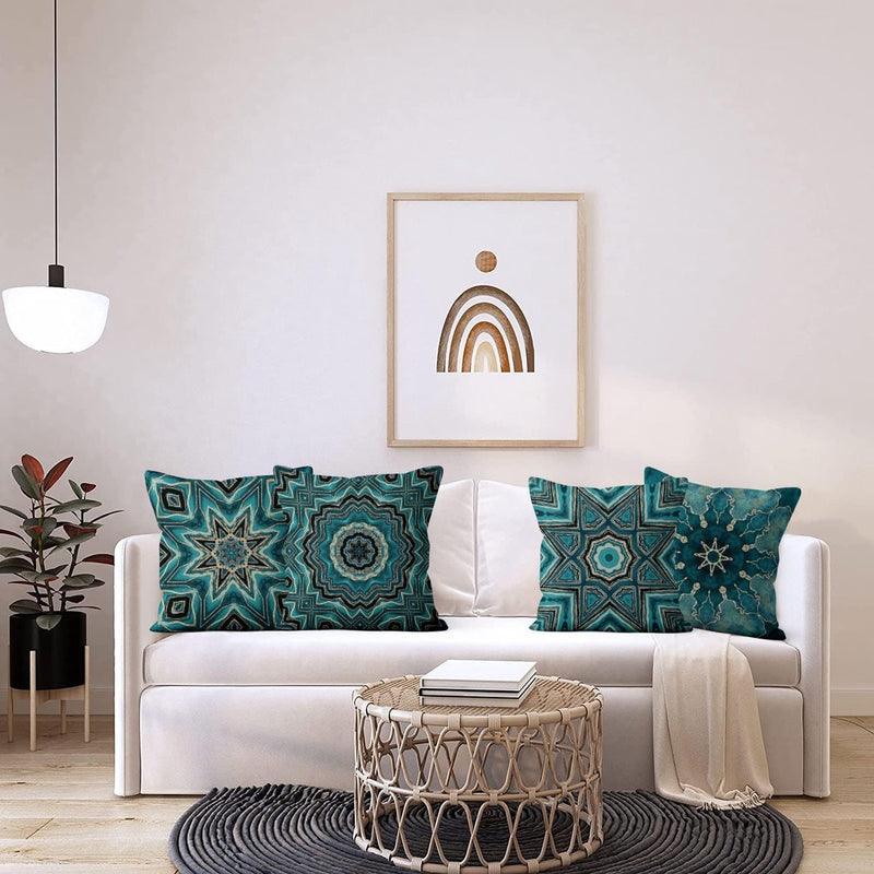 Boho Cushion Cover, 50 x 50 cm, Set of 4, Retro Geometric Pattern, Blue Gold Sofa Decorative Cushion Covers, Washable Polyester Flax Textile, Outdoor Upholstery Pillowcase Cushion Cover