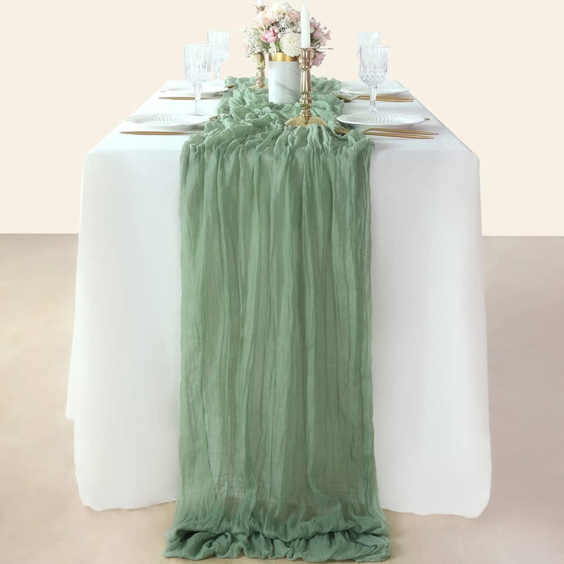 Tafelloper saliegroen, 3 stuks, 90 x 400 cm tafelloper, groene tafelloper van gaas, boho tafelkleed voor bruiloft, feest, bruidsdouche, tafeldecoratie (3, tafelloper salie)