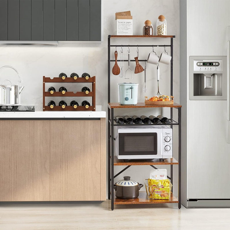 Keukenrek met 5 planken, bakkersrek, staand rek, magnetronrek met verstelbare wijnhouders en S-haken, multifunctionele organizer, voor magnetron, kookgerei, bruin-zwart