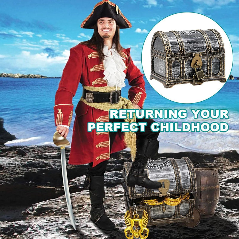 Afsluitbare schatkist voor kinderverjaardag, schatkist bruiloft met slot, kunststof piraten, schatkist, klein, bewaren en decor, schatkist piraat, schatfeest (1)