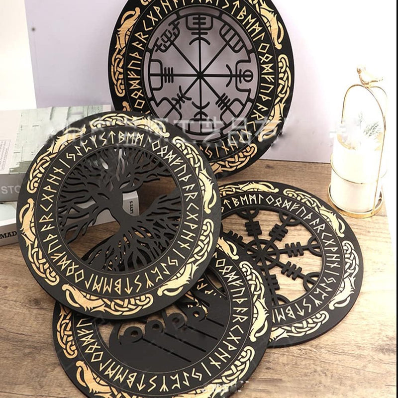 Vikingdecoratie Scandinavische mythologie runen kompas levensboom wanddecoratie hout woonkamer woning home wanddecoratie, geel, 4 stuks