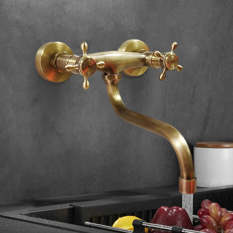 360° draaibare wandmontage keukenkraan, messing antiek dubbele hendel wandarmatuur retro wandkraan spoelbakarmatuur voor keuken zwembad badkuip