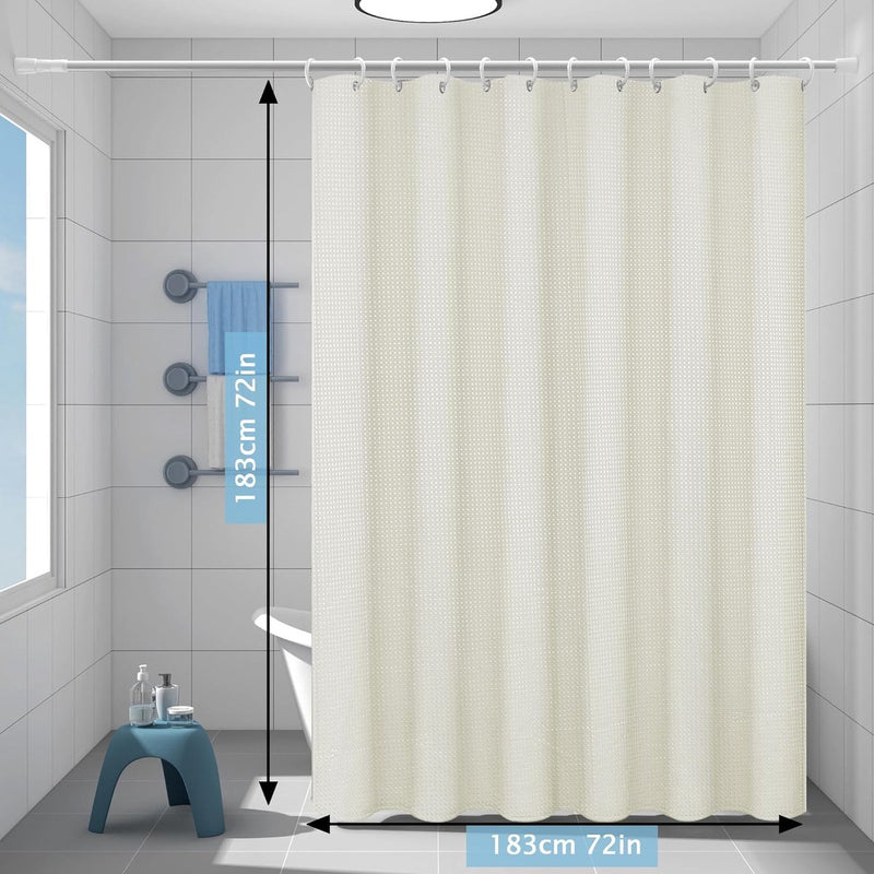 Douchegordijn, wasbaar, textiel, polyester, badgordijn met 12 douchegordijnringen, waterdicht, voor douche en bad, 183 x 183 cm, wafelpatroon, beige