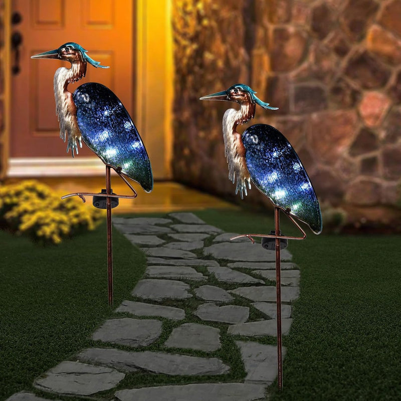 Tuindecoratie voor buiten, grijze reiger, tuinfiguur, zonnelamp voor buiten, tuinverlichting, metaal, glas, waterdichte padverlichting met grondpen, solarlamp voor moeder en