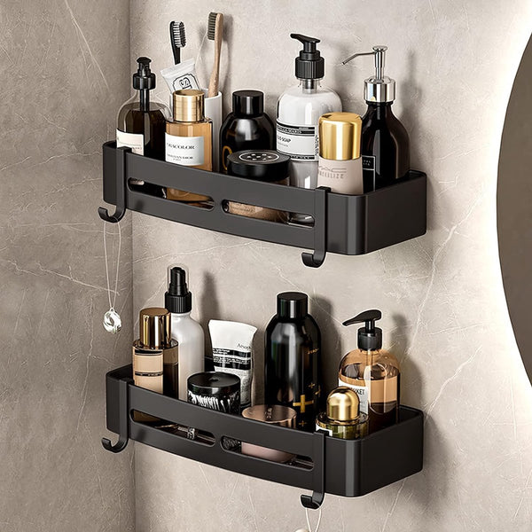 Shower Caddy No Drilling 2 Pack Shower Shelf with 2 Hooks for Bathroom Kitchen Toilet Aluminium Matt Black