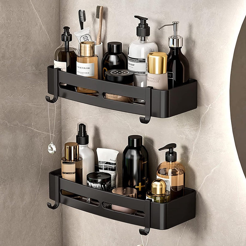 Shower Caddy No Drilling 2 Pack Shower Shelf with 2 Hooks for Bathroom Kitchen Toilet Aluminium Matt Black