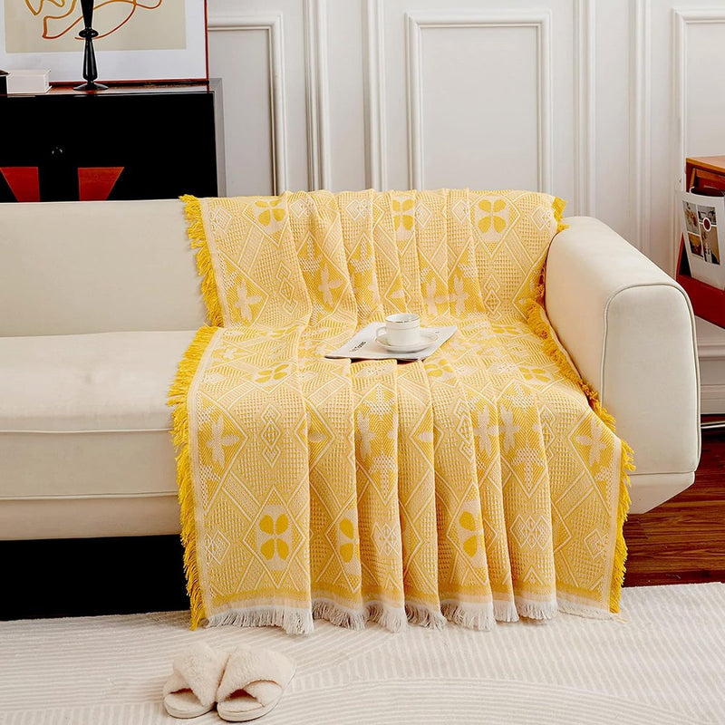 Bankdeken voor 2-zitsbank met decoratieve kwastjes, dubbelzijdige bankhoes banksprei voor bank en bed, ruitpatroon met bladeren en bloemen - geel, 180 x 230 cm