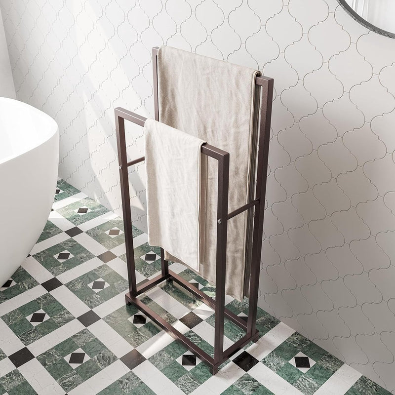 Handdoekenrek, handdoekenrek vrijstaand met 2 handdoekstangen, badkamer badhanddoekhouder staal, badkamer handdoekhouder, brons