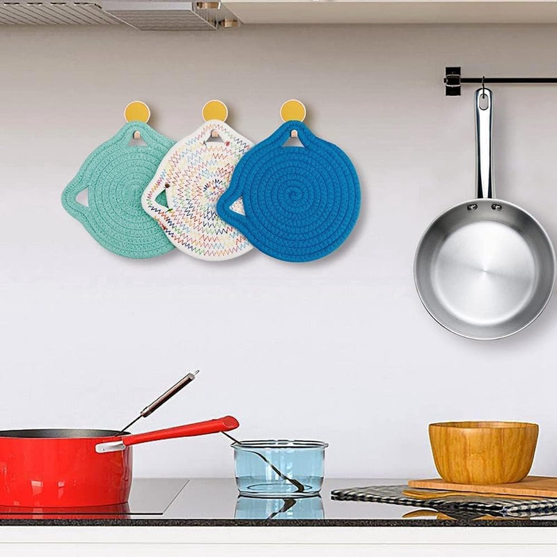 Set van 3 placemats leuk in katten dicht geweven, placemat gevlochten puur katoenen materiaal, placemats kinderen veilig en geurloos (blauw, groen, regenboogkleuren, 18 cm)