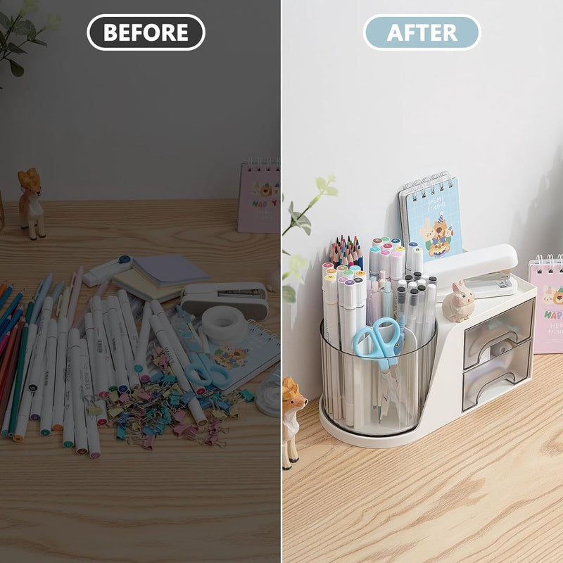 2 Lade Roterende Bureau-organizer Penhouder Bureau-organizer en opslag met 4 compartimenten + Lade voor kantoor, thuis en kunstbenodigdheden