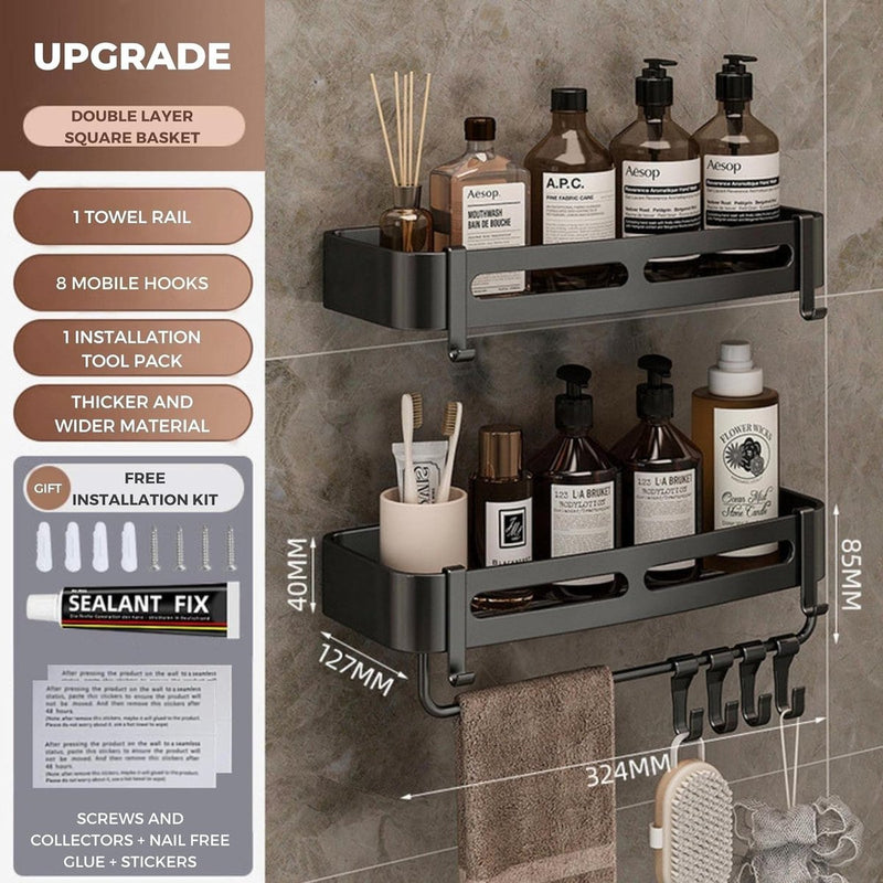 Badkamerplank zwart douchemandje en keukenopberger zonder boormachine. Roestbestendige aluminium badkamerwagen voor wandmontage met 8 haken (2 planken).