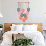 Macramé wandtapijt, boho-decoratie, macramé, wandtapijt met houten kralen en roze bladeren, wandtapijt voor slaapkamer, kinderkamer, wanddecoratie (roze)
