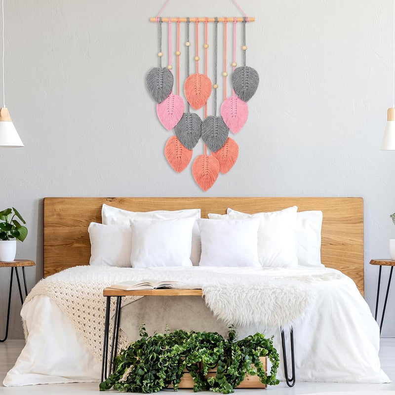 Macramé wandtapijt, boho-decoratie, macramé, wandtapijt met houten kralen en roze bladeren, wandtapijt voor slaapkamer, kinderkamer, wanddecoratie (roze)