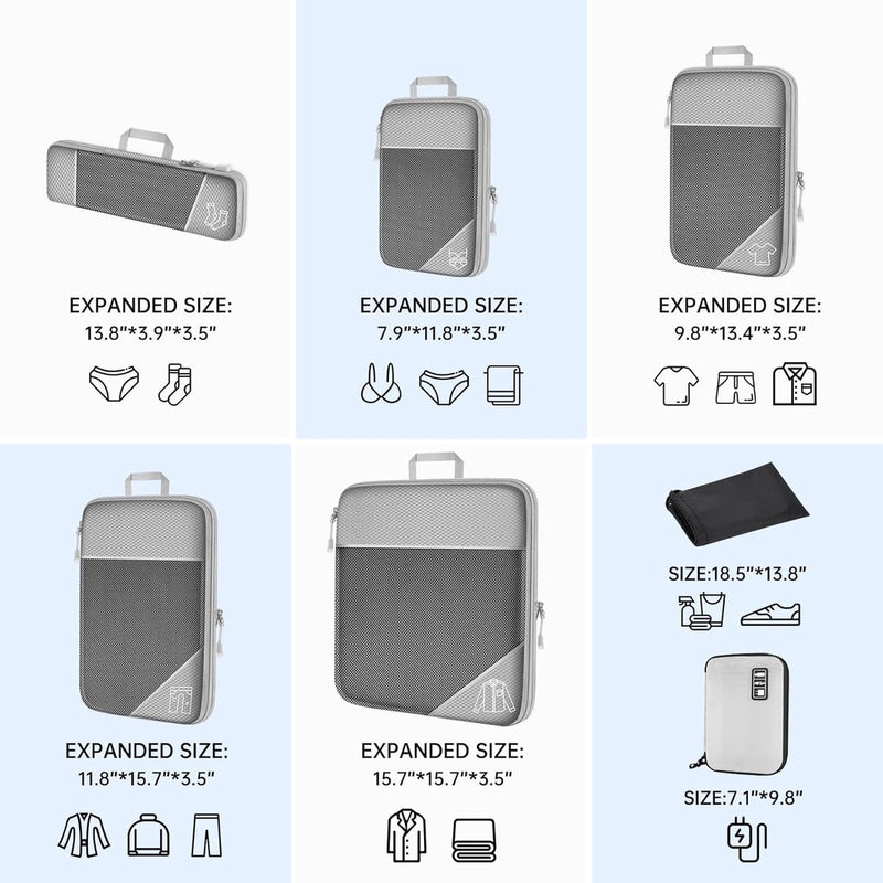Kledingtassenset 7 kofferorganizerset, verpakkingsblokjes compressie, kofferorganisator voor op reis, verpakkingsblokjes rugzak, bagage-organizer met elektronische kabeloplader (grijs)